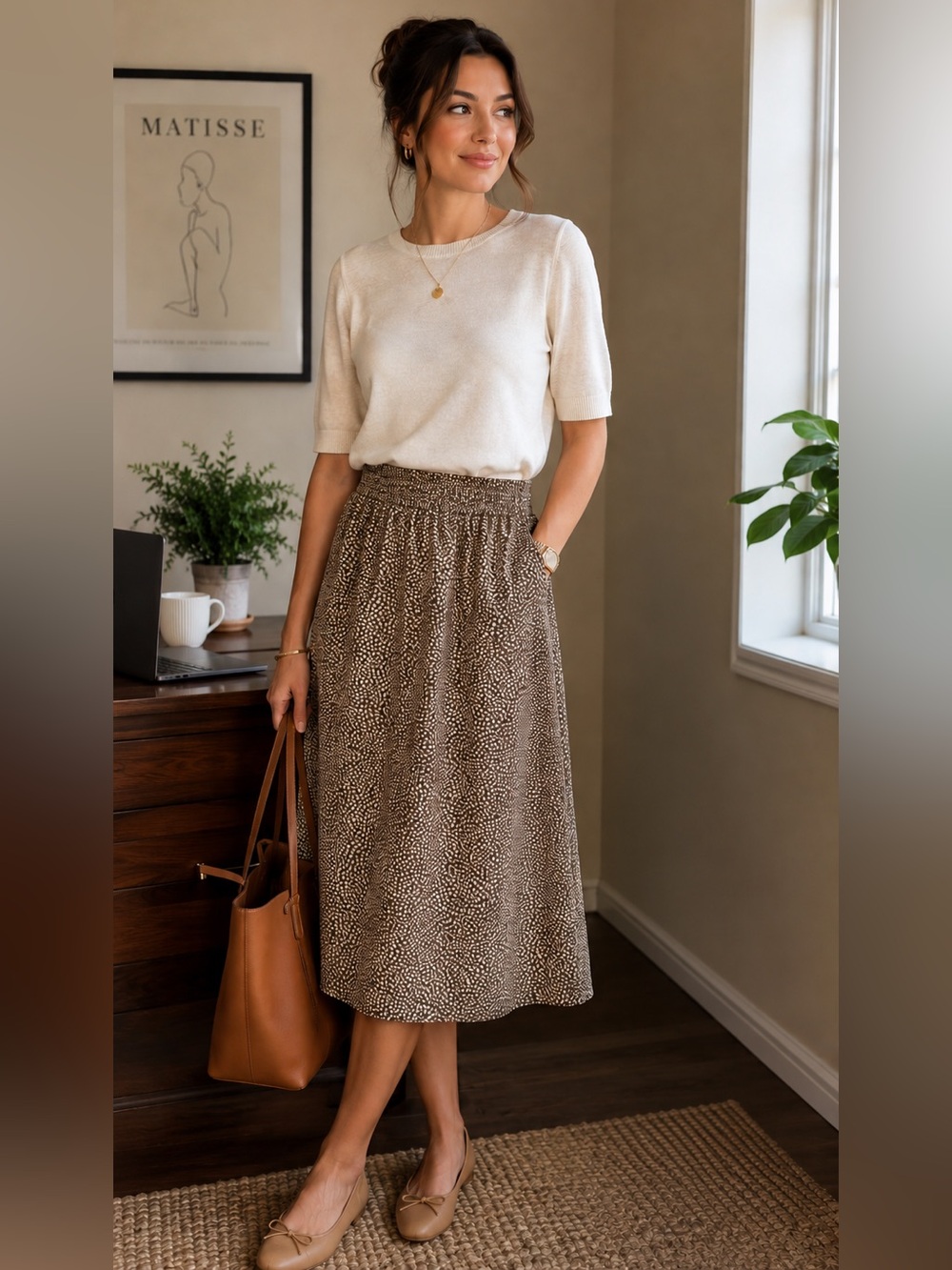 J. Crew Brown and Cream Printed Midi Skirt